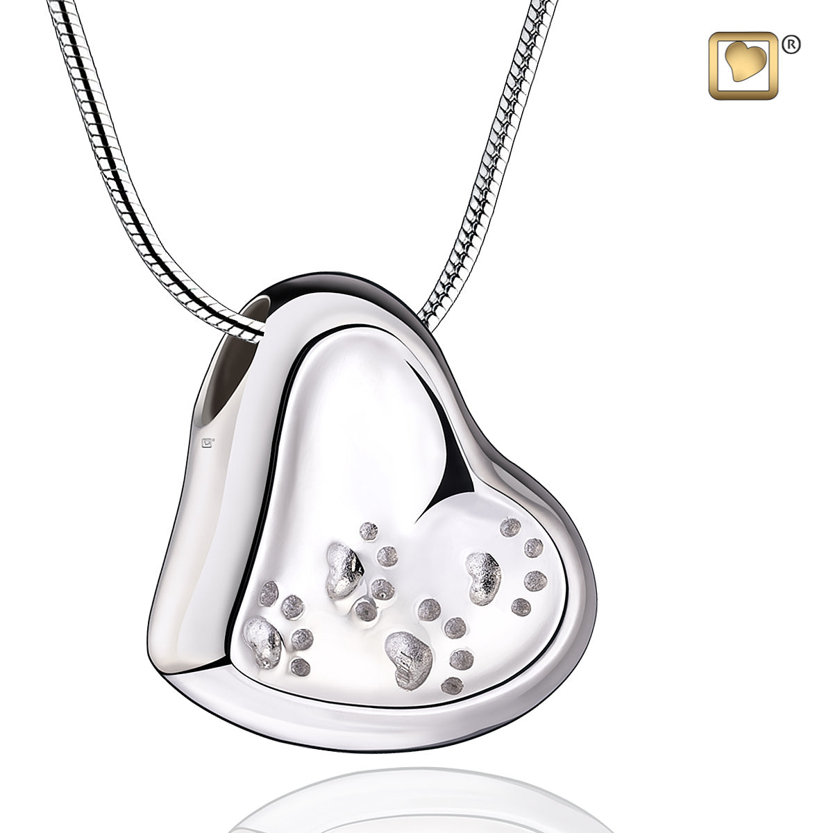 Pendant: Leaning Heart With Paw Prints - Rhodium Plated